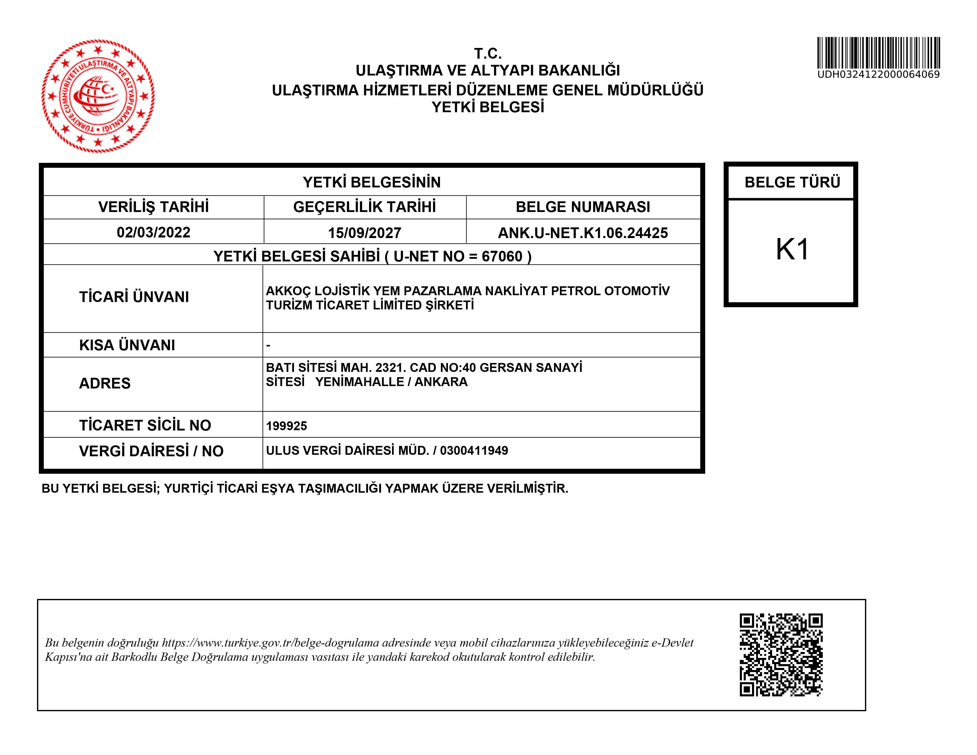 Akkoç Lojistik Yetki Belgeleri