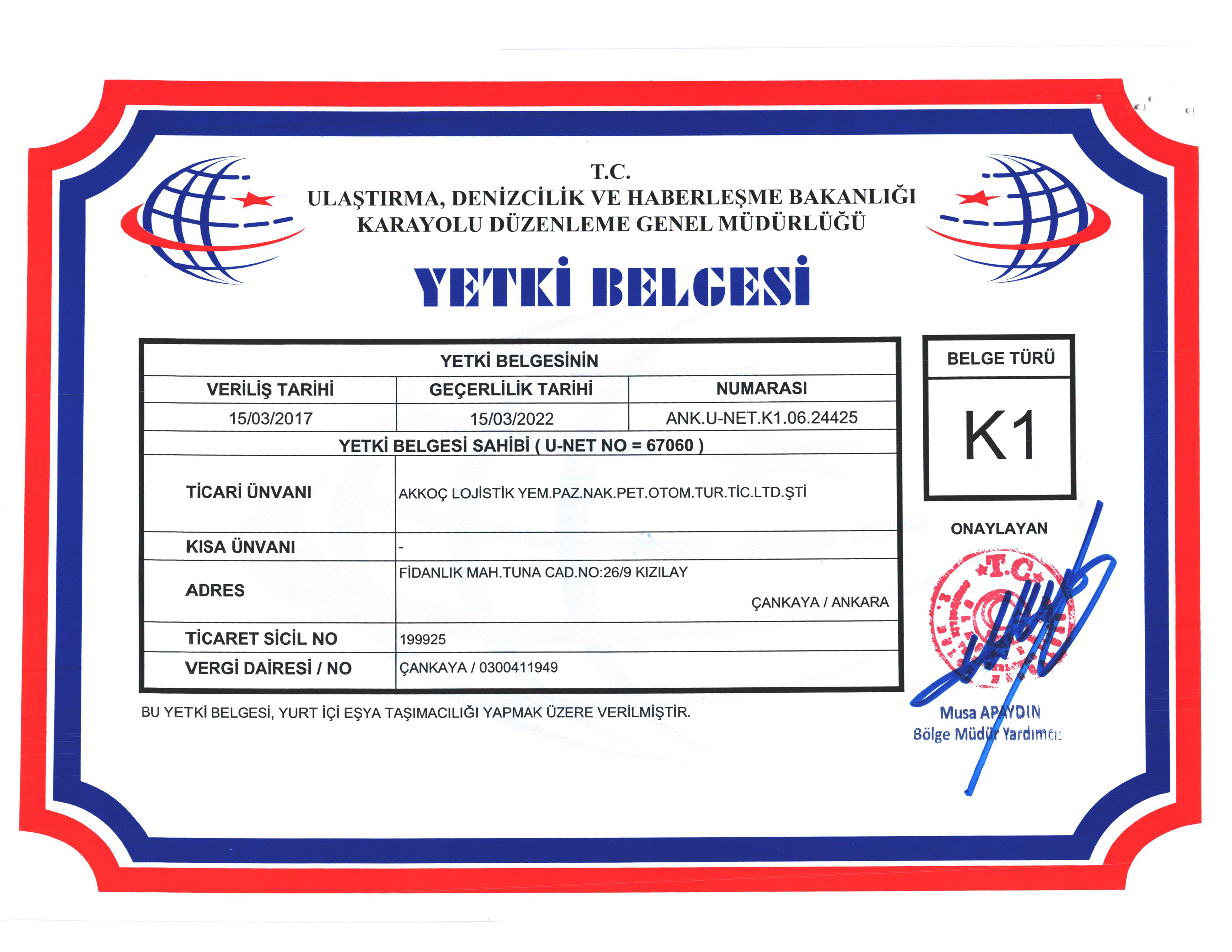 Akkoç Lojistik Yetki Belgeleri